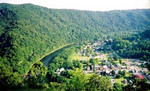 Great bend in the Cheat at Rowlesburg as seen from the top of Cannon Hill.